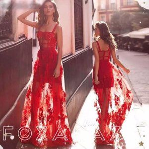 Raya Red Lace Bandage Corset Bust Maxi Gown Dress